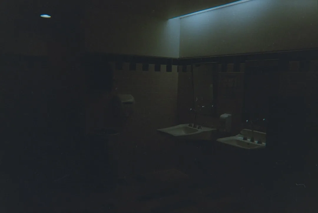 fearful reflection dark bathroom